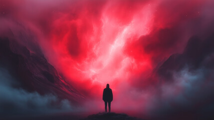 Fototapeta premium A lone figure gazes up at a striking red sky filled with clouds, surrounded by dark mountains during twilight. The atmosphere feels intense and mysterious