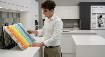 Young Caucasian man carefully examines a colorful tile sample board while standing in a modern kitchen showroom, considering options for home renovation.