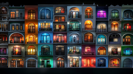 Vibrant building facade showcasing colorful illuminated windows, creating lively and inviting atmosphere at night
