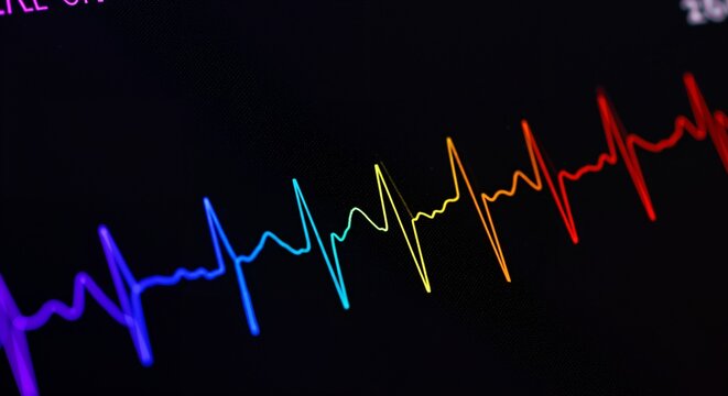A vibrant rainbow-colored electrocardiogram line displaying a rhythmic heartbeat pattern on a dark digital monitor screen, symbolizing health and vitality.