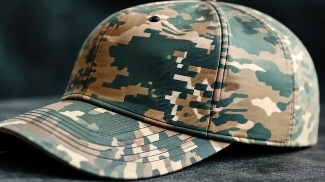 Close-up view of a camouflage pattern baseball cap on a dark surface. The cap features a mix of green, brown and tan color in pixelated design. The hat is well-lit with a blurred dark backdrop