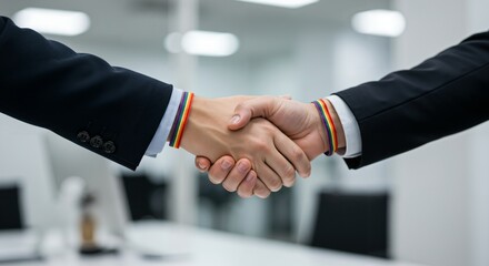 Close-up of two business professionals in suits shaking hands in an office, each wearing a rainbow pride bracelet on their wrist.