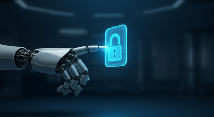  robot hand presses virtual safety sign