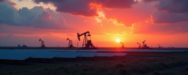 Sunset over oil rigs & solar farm Industrial renewable energy landscape , oil refinery, future
