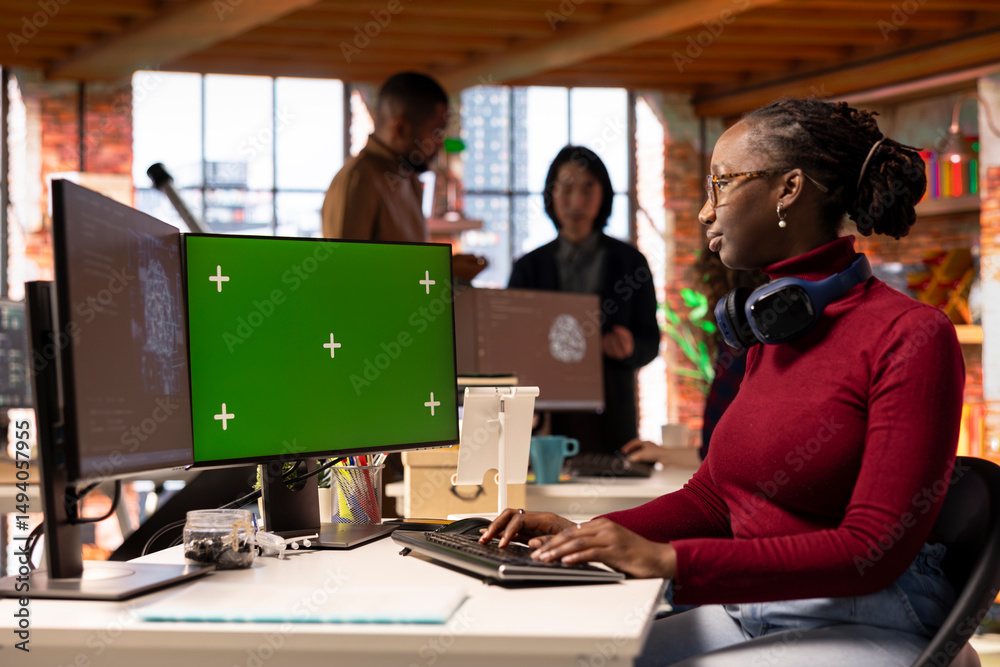 Poster green screen pc in workspace used by ai researcher working with artificial intelligence technology. 