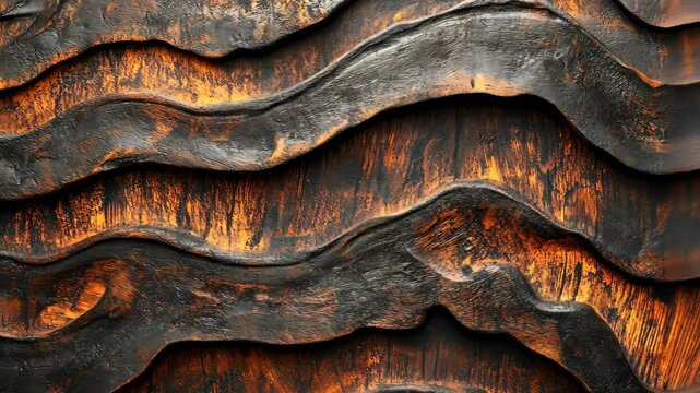 Abstract dark brown and orange wavy texture.  Intricate, sculpted surface with flowing, layered design
