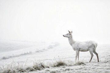 Fototapeta premium Ultra-minimalist fine art photograph of an albino deer standing alone in a meadow under soft overcast light. The entire scene is nearly white-on-white - generated by ai