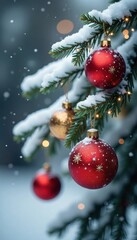 Heavy snow on branches, glittering red and gold Christmas balls , xmas, snow covered, holiday background