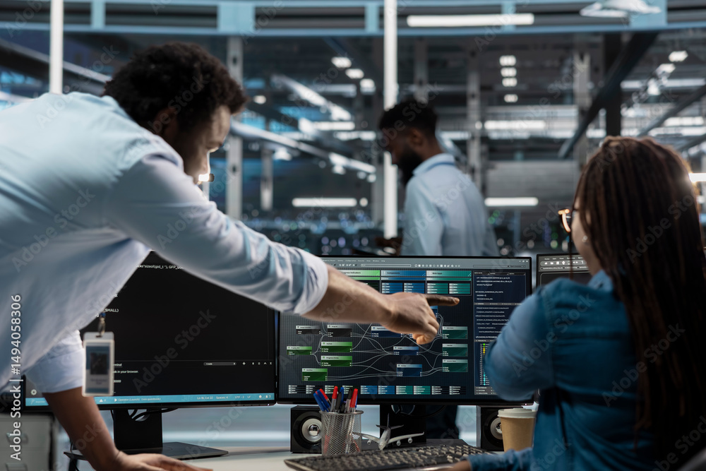 Poster data center supervisor overseeing admin using pc to visualize artificial intelligence neural network