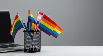 Various LGBTQ+ pride flags, including rainbow, lesbian, and pansexual, displayed in a black mesh pen holder on a white office desk next to a laptop, symbolizing workplace diversity and inclusion.