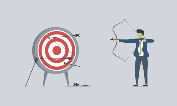 Men shoot the target with bow and arrow. business target plan for audience, provit, income for company or else. vector design for presentation, motivation, and inspiration.
