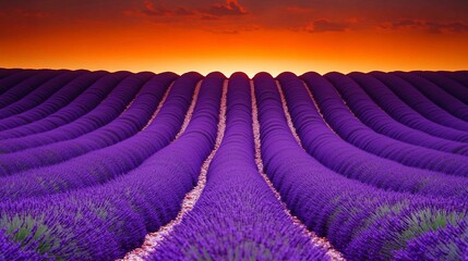 Sunset Illuminates Violet Fields of Lavender Stretching Into Distance Under Orange Horizon