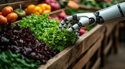 A robotic hand gently picking fresh green lettuce from wooden crate filled with colorful vegetables in soft ambient light