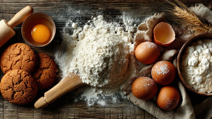 A home baking setup with flour, eggs, and freshly baked cookies on rustic wooden table creating warm and cozy atmosphere