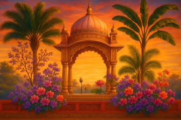 Mughal ethnic pattern, temple arch, palm tree, plant with lotus, bougainvillea flowers illustration for wedding