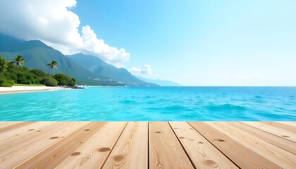 Fototapeta premium Empty wooden table over blurred lake and mountain background, product display montage, created with generative ai
