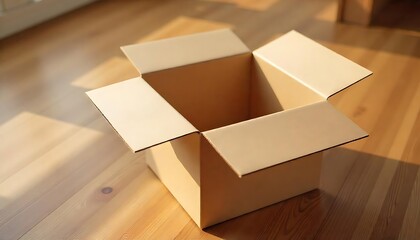 Empty cardboard box on wooden floor with soft natural light, created with generative ai