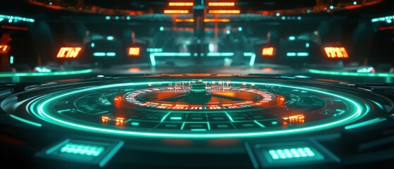 Futuristic control room with glowing interfaces and screens