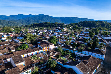 Beautiful historic architecture in Paraty, Rio de Janeiro surrounded by lush landscape and mountains