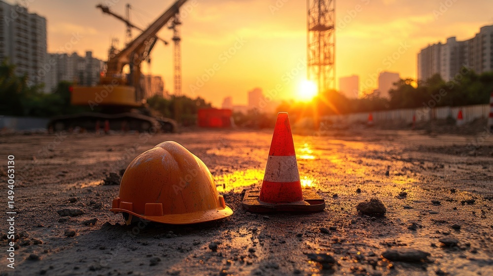 Poster sunset casts warm light on a construction site featuring a hard hat and safety cone, emphasizing saf