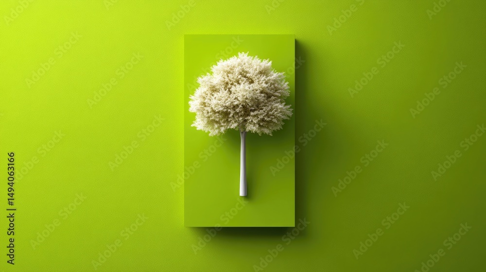 Poster Stylized tree with a white crown and brown trunk is placed against a vivid green rectangle in a minimalist layout