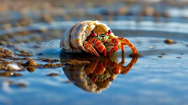 Vibrant crab nestled in a spiral shell reflects on serene water surface vibrant crab in its shell near the shore under natural light