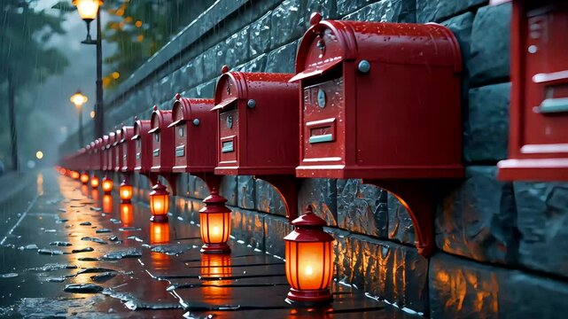 Row of classic red vintage mailboxes with soft evening lights on cobblestone path after rainfall