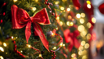festive garland with red ribbons and lights