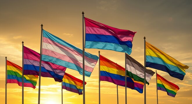 A vibrant collection of diverse LGBTQ+ pride flags, including transgender, bisexual, and rainbow flags, waving proudly against a golden sunset sky.