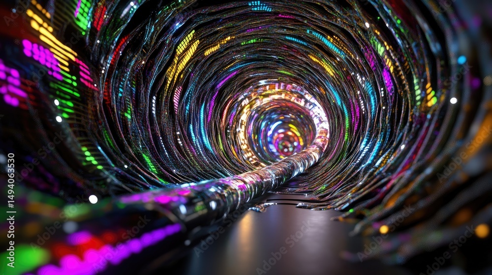 Poster Streams of colored light spiral into a digital vortex, forming a futuristic tunnel of flowing data and infinite connectivity