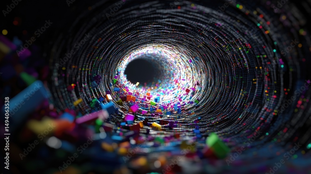 Wall mural streams of colored light spiral into a digital vortex, forming a futuristic tunnel of flowing data a