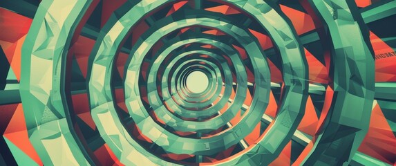 Abstract dollar wheel mint green and deep red, geometric pattern with circular realistic elements, flat design.