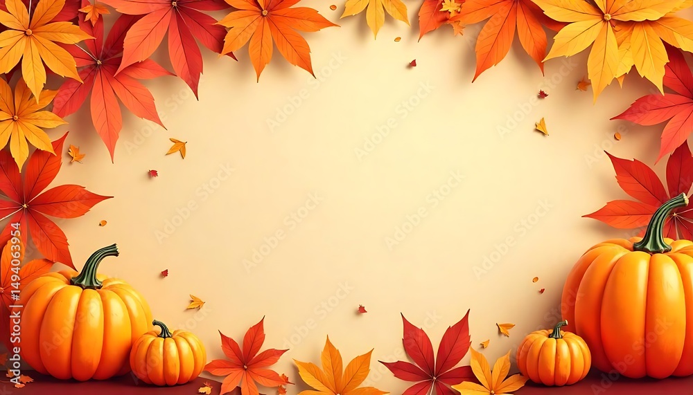 Fototapete happy thanksgiving day party poster template with autumn leaves and pumpkins. vector illustration em