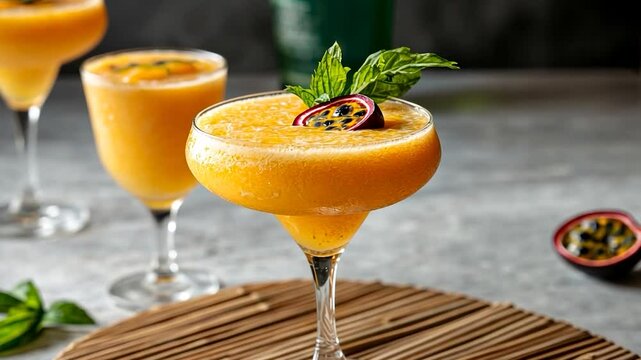 Close-up of a cocktail garnished with passion fruit and mint. Yellow smoothie in elegant glass on wooden placemat. Blurred background.