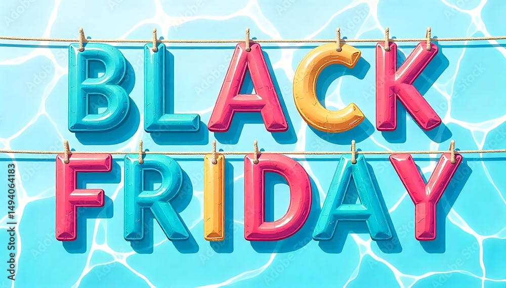 Fototapete illustration of the text Black Friday with each letter painted in a different swimming pool colour, and each letter is hanging from a rope created with generative ai