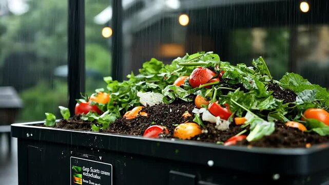 Close-up of a composting bin filled with organic waste. Rain falls over the compost with visible tomatoes and lettuce, creating a natural outdoor scene.