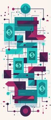 Fototapeta premium Abstract money flow diagram in flat design. Turquoise and burgundy geometric financial concept elements with a textured look.