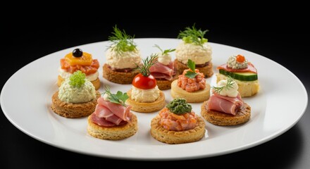 Elegant appetizer plate featuring assorted canap?s and small bites for catering event