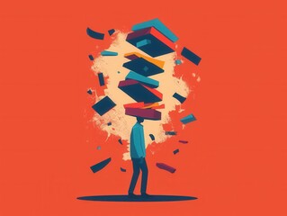 Geometric shapes overwhelm a figure, flat design shows emotional weight crushing simple form abstract portrayal.