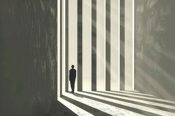 Solitary figure trapped within geometric bars an abstract mental prison with minimal style complexity in monochrome tones.