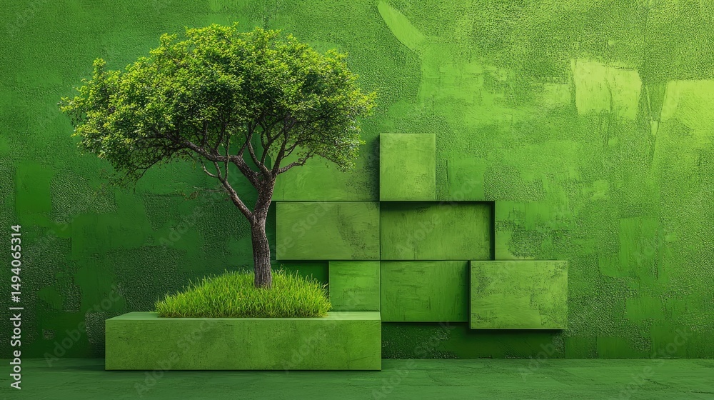 Poster modern abstract tree design pops against a bright green block, blending natural forms with geometric