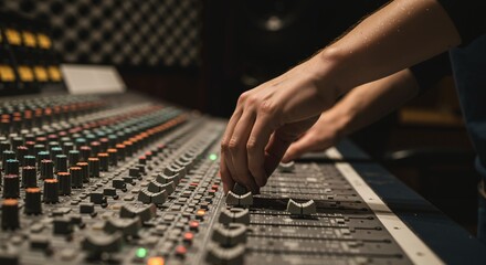 Sound engineer's hands meticulously adjusting faders on a professional audio mixing console in a dimly lit recording studio.