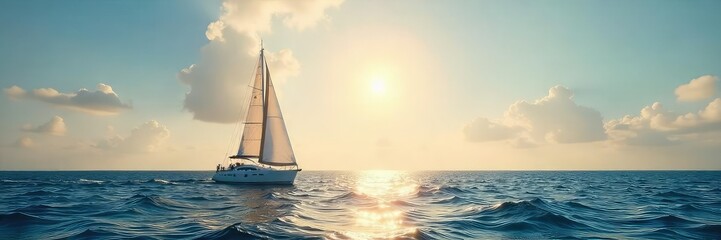 Fototapeta premium A majestic sailboat glides across a sun-drenched ocean, its white sails billowing in the gentle breeze, creating a picturesque scene of serenity and freedom on the water , clear, day