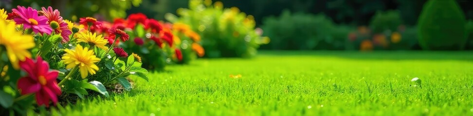 A lush green lawn freshly mown with vibrant newly planted flowers bursting with color in a sunny garden bed , nature, flowers