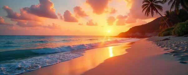 A serene beach scene at sunset, embodying a calm and peaceful lifestyle; perfect for relaxation and emotional well-being imagery , horizon, health, coast