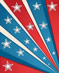 Obraz premium “Vertical pop-art style background with bold red and blue stripes, large white stars in halftone print texture, vibrant and energetic for Independence Day party promotions” 