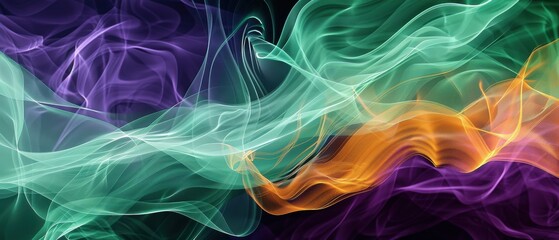 Fototapeta premium Abstract wind flow in seafoam green, deep purple, bright orange. Dynamic movement patterns with a premium quality signature.