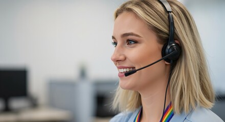 Young adult Caucasian woman with blonde hair, wearing a headset and a rainbow lanyard, smiling while working in a modern office environment, possibly as a customer service representative.