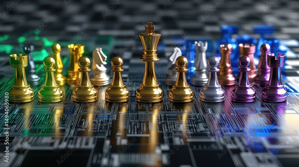 Poster Knights and pawns on a tech circuit backdrop, symbolizing the fusion of chess strategy and digital business competition