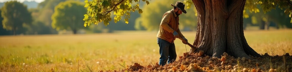 Fototapeta premium A worker carefully harvests cork bark from a mature cork oak tree, using traditional tools The sunlit scene showcases the sustainable process and the textured bark , harvest, material, traditional